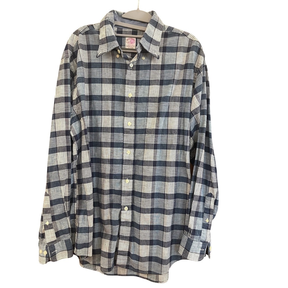 Brooks Brothers Madison Fit Plaid Button Down Shirt Mens Large Blue White Cotton